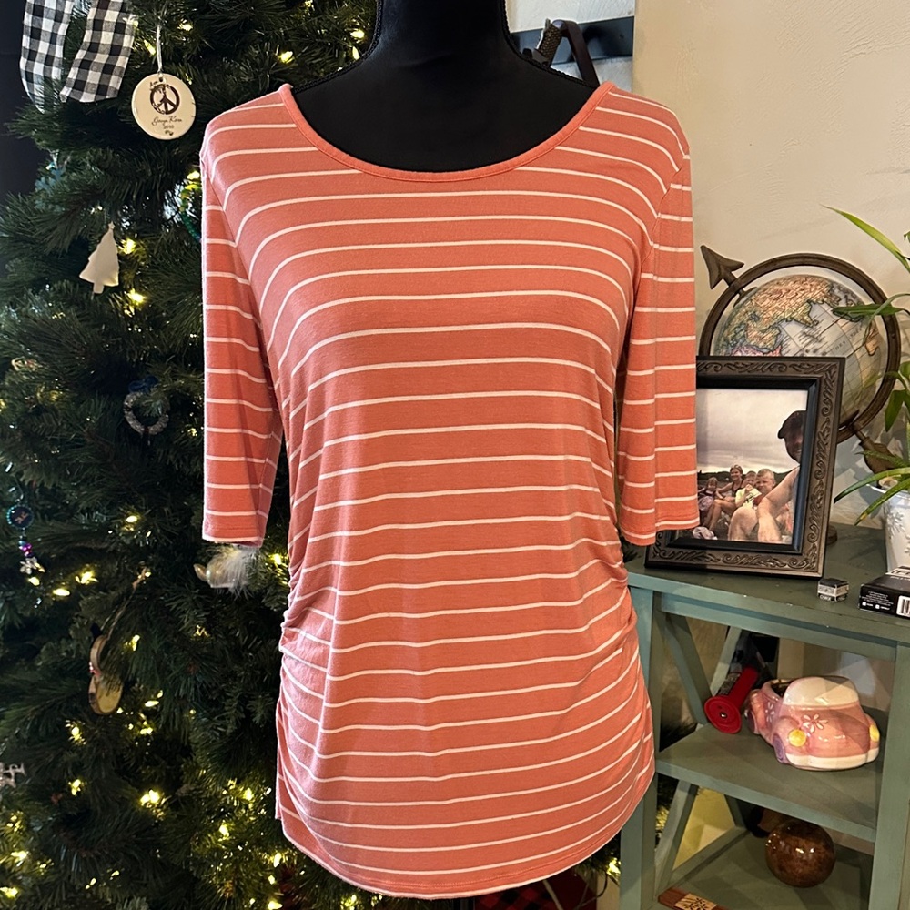 Sonoma Maternity Coral and White Striped Short Sleeve Tee